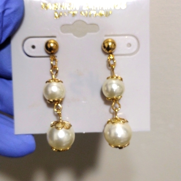 Gold-Tone Double Faux Pearl Drop Earrings – Elegant Dangle Statement Jewelry #5 - Picture 3 of 5